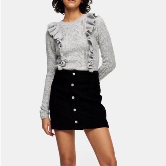 ASOS Topshop Ruffle Pointelle Crewneck Cropped Sweater, Light Gray - Picture 2 of 12